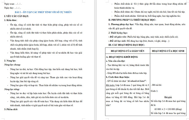 Giáo án dạy thêm Toán 5 Bài 2: Ôn tập các phép tính với số tự nhiên