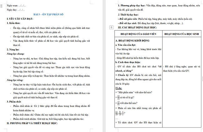 Giáo án dạy thêm Toán 5 Bài 3: Ôn tập phân số