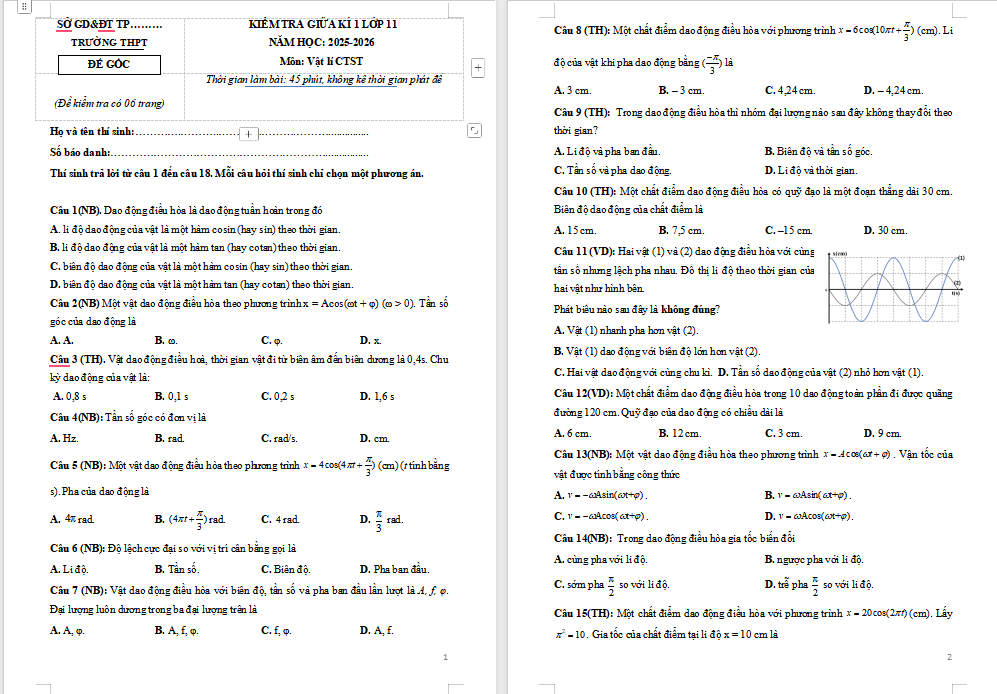 Đề thi giữa kì 1 Vật lí 11 Chân trời sáng tạo