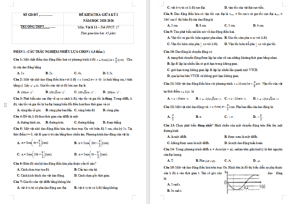 Đề thi giữa học kì 1 Vật lí 11