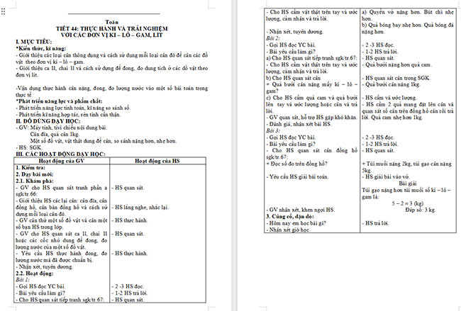Giáo án Toán 2 Bài 17: Thực hành và trải nhiệm với các đơn vị Ki-lô-gam, Lít