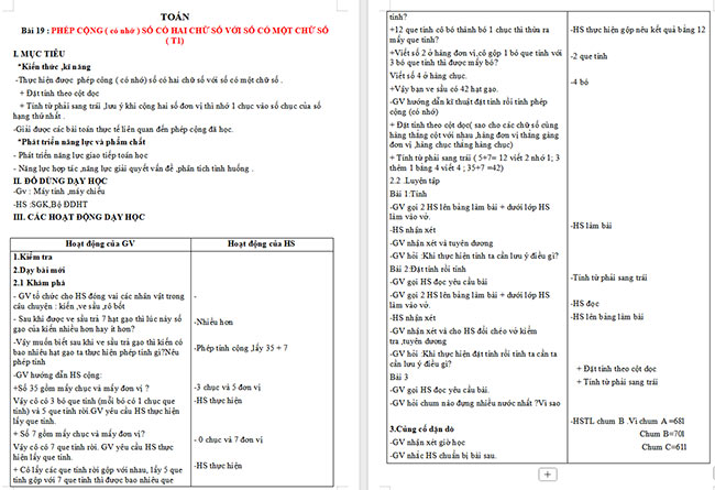 Giáo án Toán 2 Bài 19: Phép cộng (có nhớ) số có hai chữ số với số có một chữ số