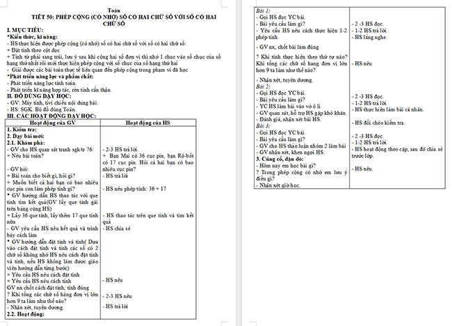Giáo án Toán 2 Bài 20: Phép cộng (có nhớ) số có hai chữ số với số có hai chữ số