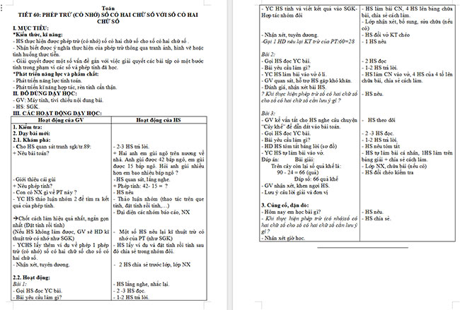 Giáo án Toán 2 Bài 23: Phép trừ (có nhớ) số có hai chữ số cho số có hai chữ số
