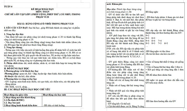 Giáo án Toán 2 Bảng cộng (có nhớ) trong phạm vi 20