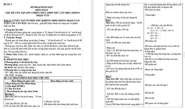 Giáo án Toán 2 Luyện tập phép trừ (không nhớ) trong phạm vi 20