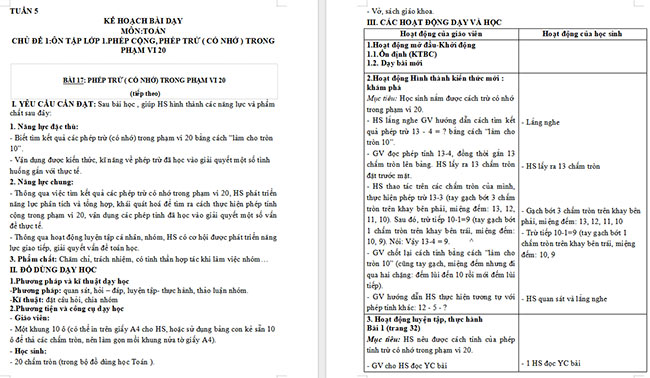 Giáo án Toán 2 Phép trừ (có nhớ) trong phạm vi 20 (tiếp theo)