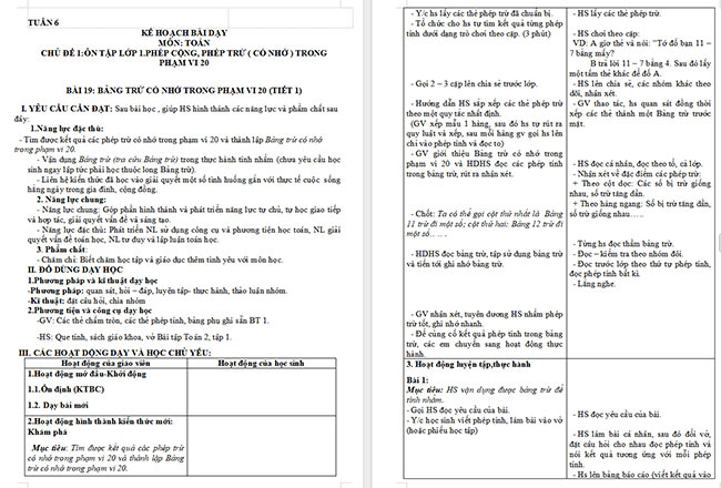 Giáo án Toán 2 Bảng trừ (có nhớ) trong phạm vi 20