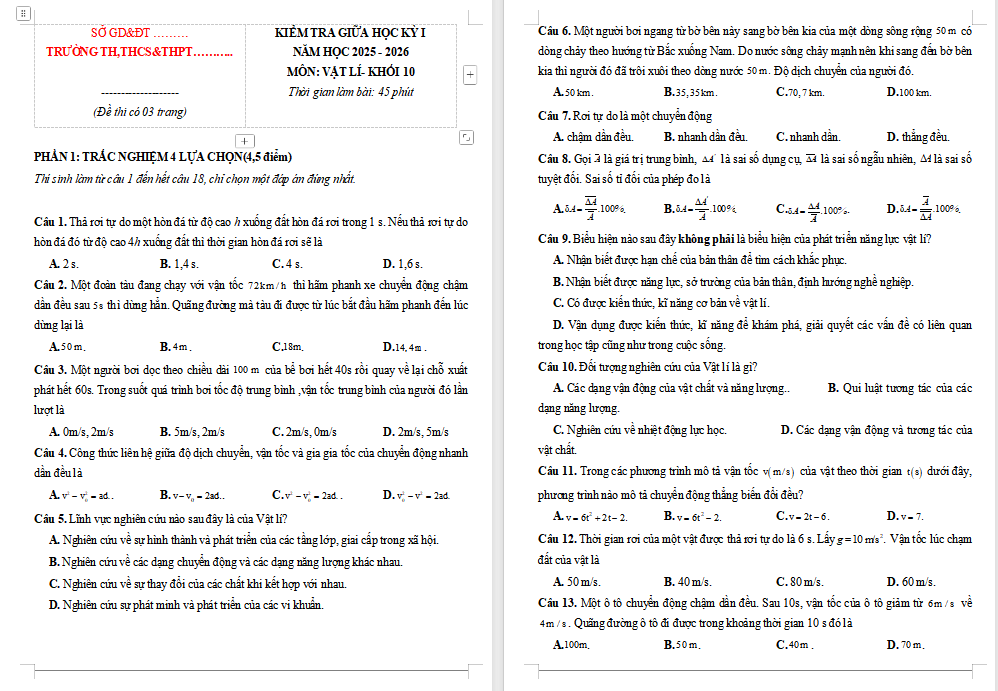Đề thi giữa học kì 1 môn Vật lí 10