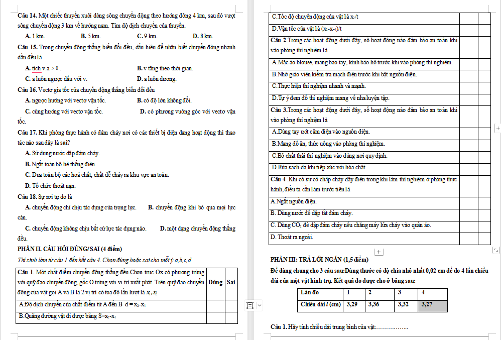 Đề thi giữa học kì 1 môn Vật lí 10