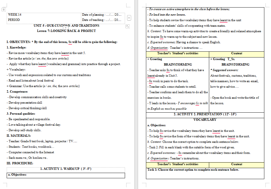 PowerPoint Tiếng Anh 8 Unit 5: Looking Back