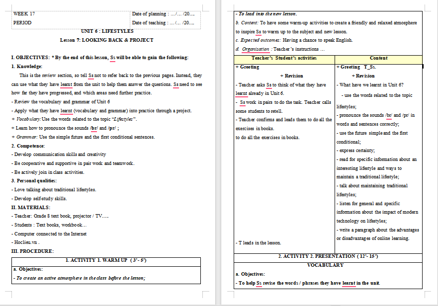 PowerPoint Tiếng Anh 8 Unit 6: Looking Back