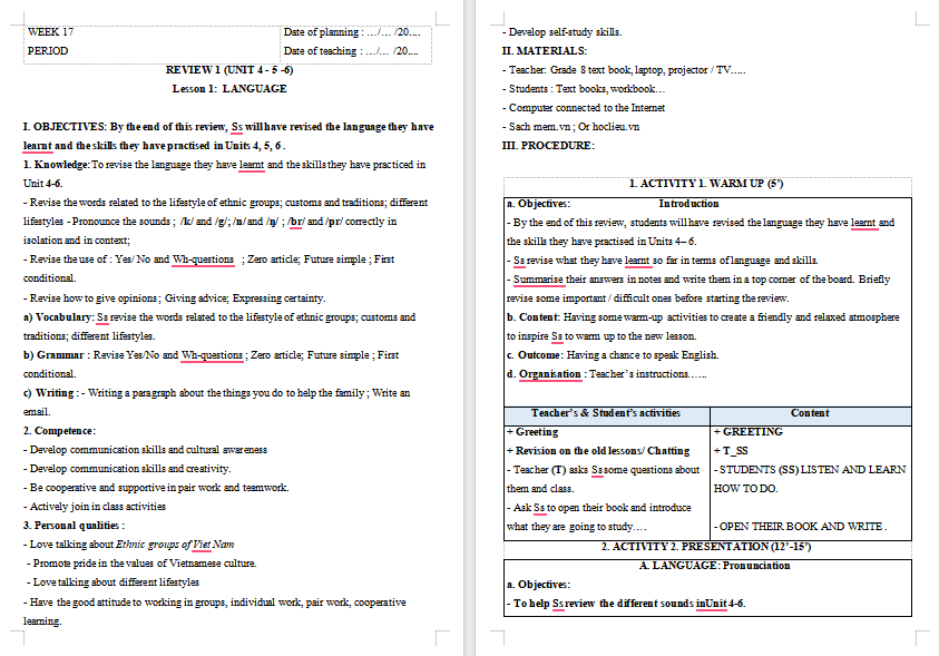 Giáo án Tiếng Anh 8 Review 2: Language