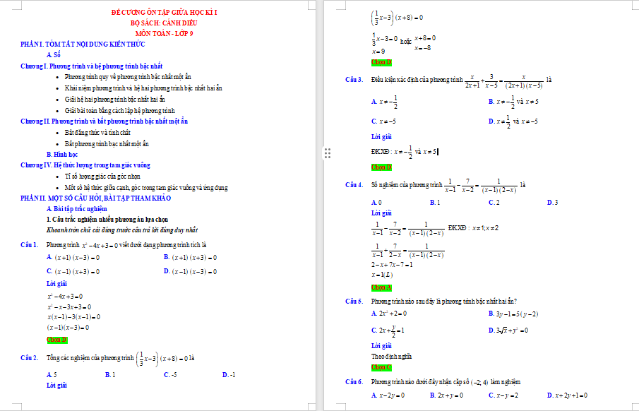 Đề cương Toán 9 giữa kì 1 Cánh diều