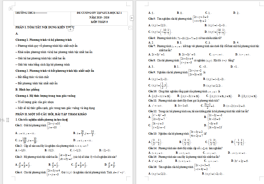 Đề cương ôn tập giữa kì 1 Toán 9 Chân trời sáng tạo