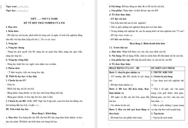 Giáo án Văn 6 Bài 3: Kể về một trải nghiệm của em