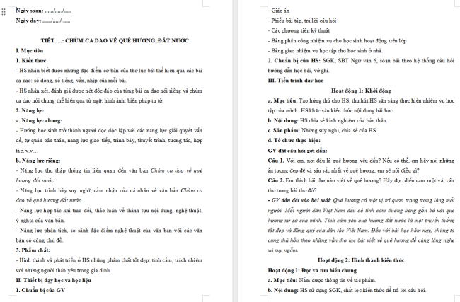 Giáo án Văn 6 Bài 4: Chùm ca dao về quê hương đất nước