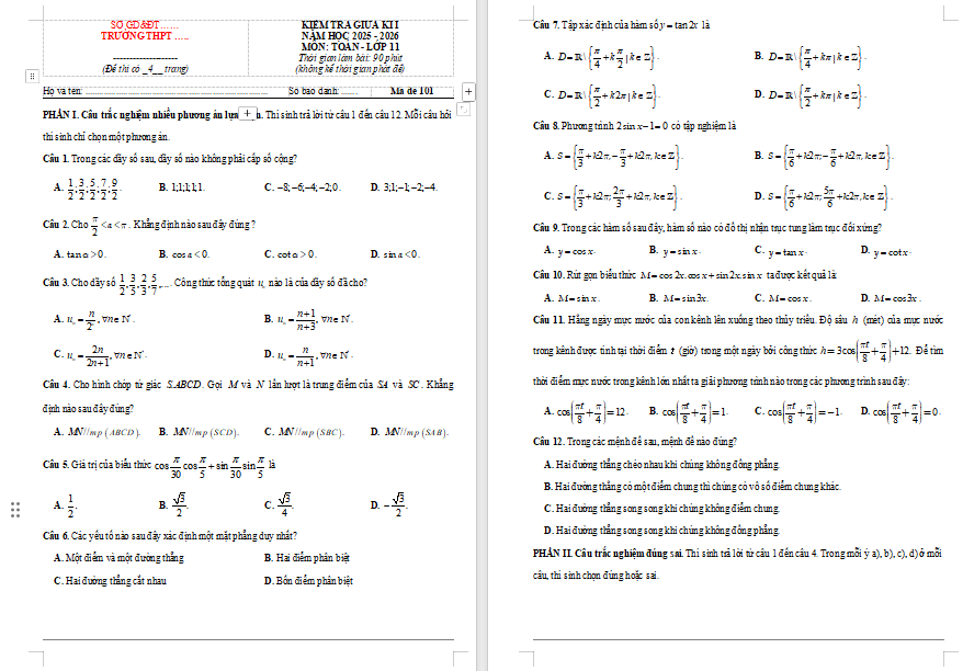  Đề thi giữa kì 1 Toán 11 Cánh diều 