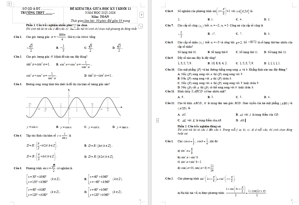 Đề thi giữa kì 1 Toán 11 Chân trời sáng tạo 