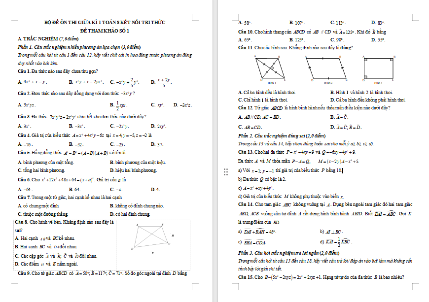  Đề ôn thi giữa kì 1 Toán 8 Kết nối tri thức