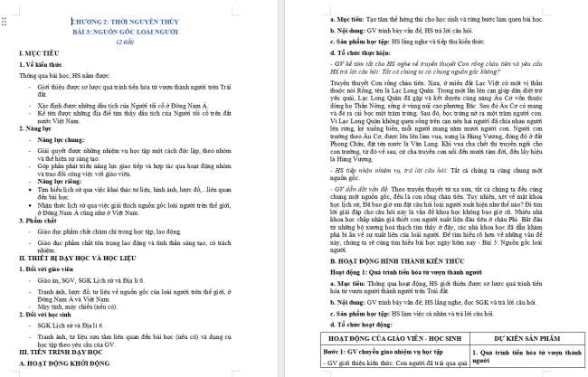 Giáo án Lịch sử 6 Bài 3: Nguồn gốc loài người