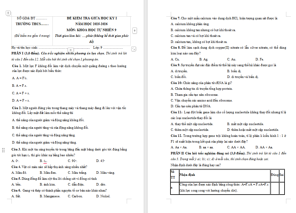 Đề kiểm tra giữa kì 1 Khoa học tự nhiên 9