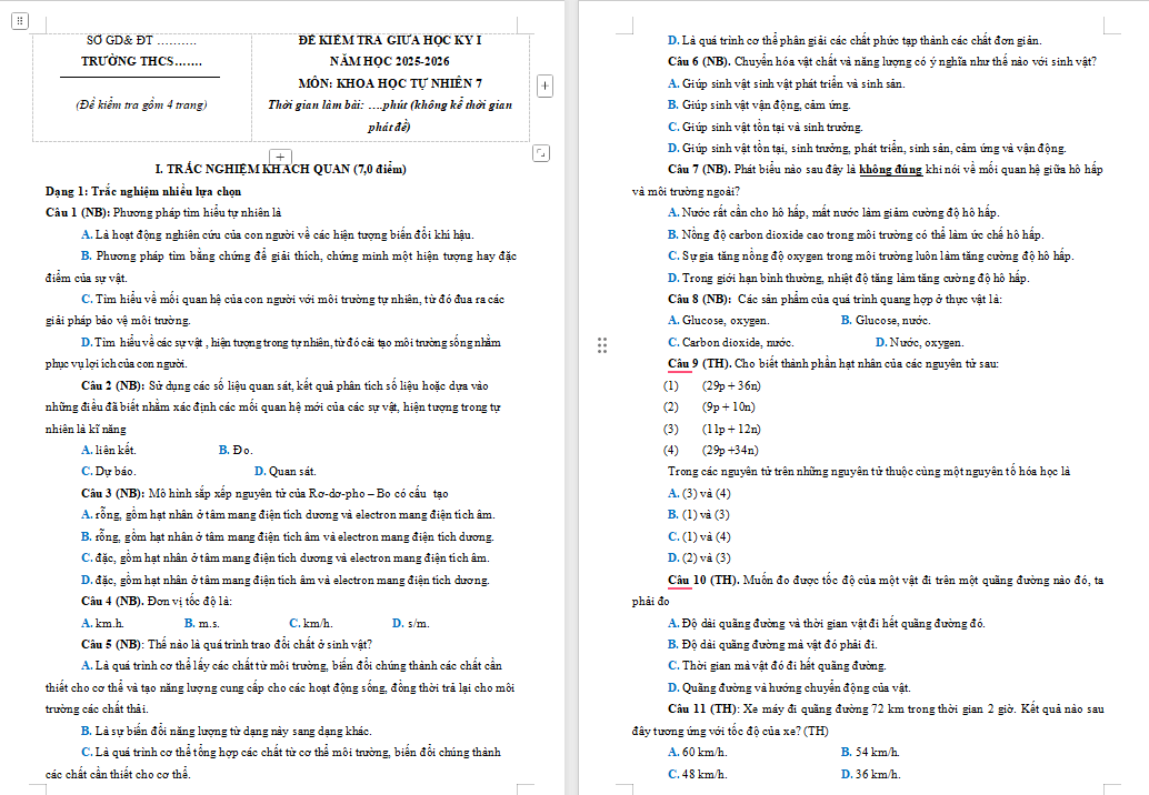 Đề kiểm tra giữa kì 1 Khoa học tự nhiên 7 