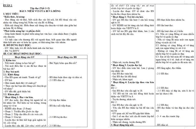 Giáo án Tiếng Việt 2 Bài 3: Niềm vui của Bi và Bống