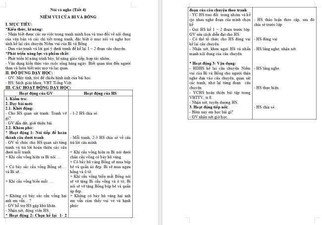 Giáo án Tiếng Việt 2 Bài 3: Kể chuyện Niềm vui của Bi và Bống