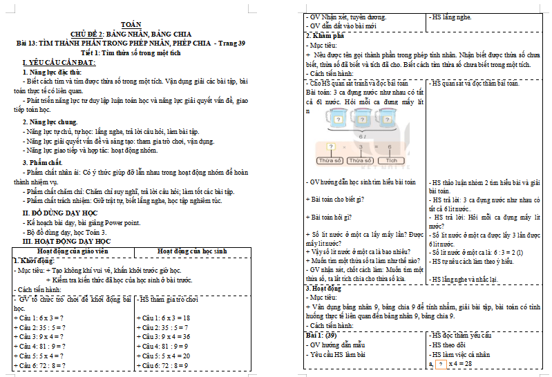Giáo án Toán 3 Bài 13: Tìm thành phần trong phép nhân, phép chia