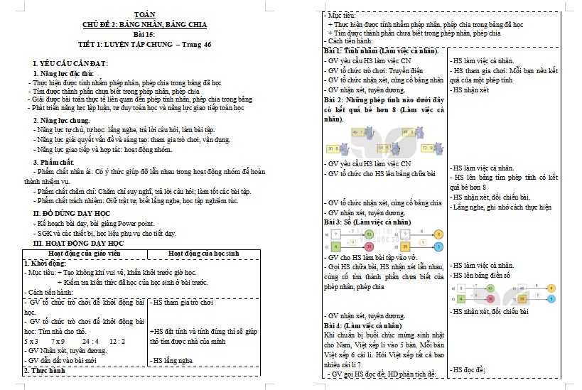 Giáo án Toán 3 Bài 15: Luyện tập chung