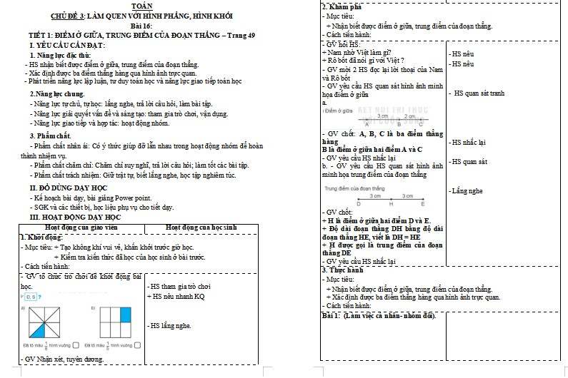Giáo án Toán 3 Bài 16: Điểm ở giữa, trung điểm của đoạn thẳng