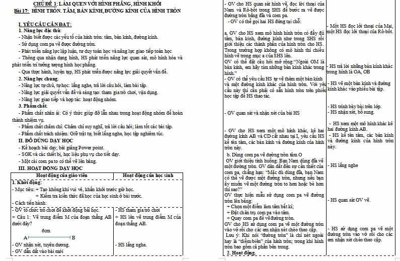 Toán 3 Bài 17: Hình tròn. Tâm, bán kính, đường kính của hình tròn