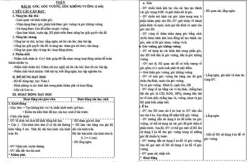 Giáo án PowerPoint Toán 3 Bài 18: Góc, góc vuông, góc không vuông