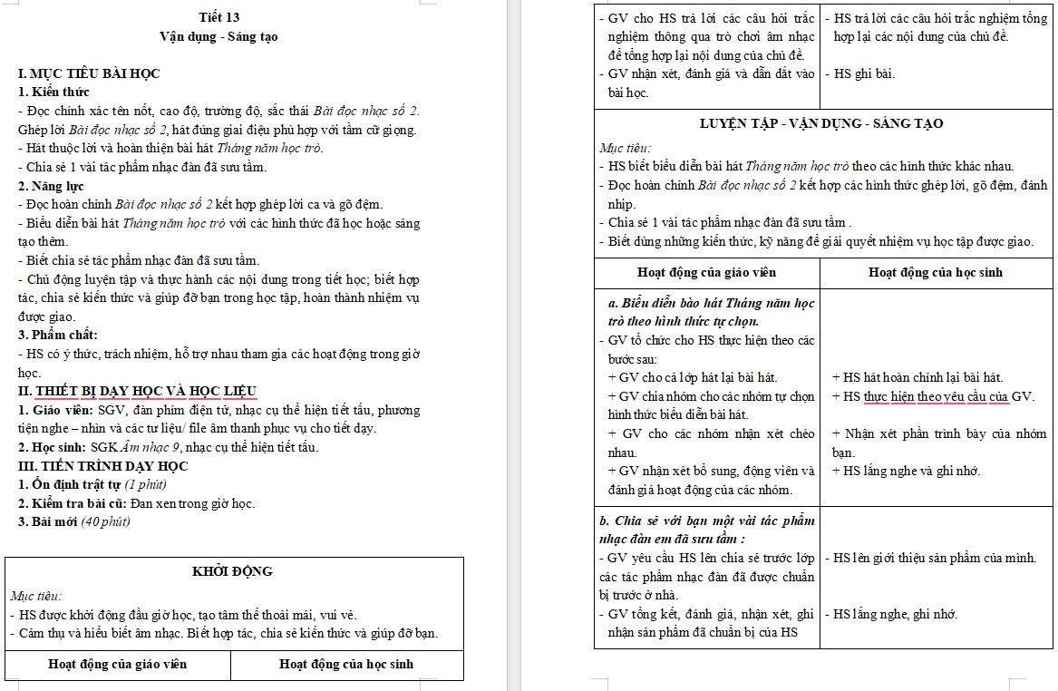 Kế hoạch bài dạy Âm nhạc 9 KNTT Bài 6 tiết 13 