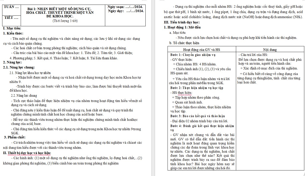 Giáo án Sinh học 9 KNTT Bài 1 Nhận biết một số dụng cụ, hoá chất