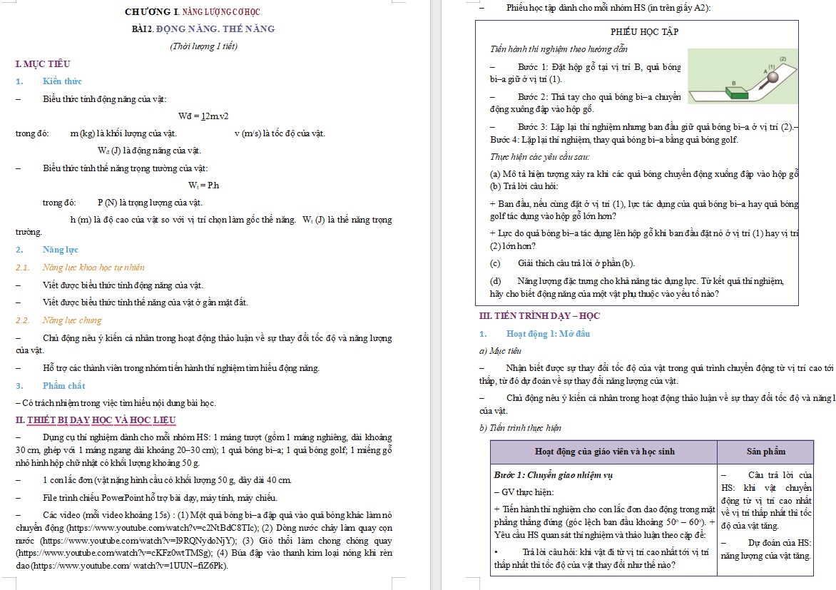 Giáo án Sinh học 9 KNTT Bài Động năng. Thế năng