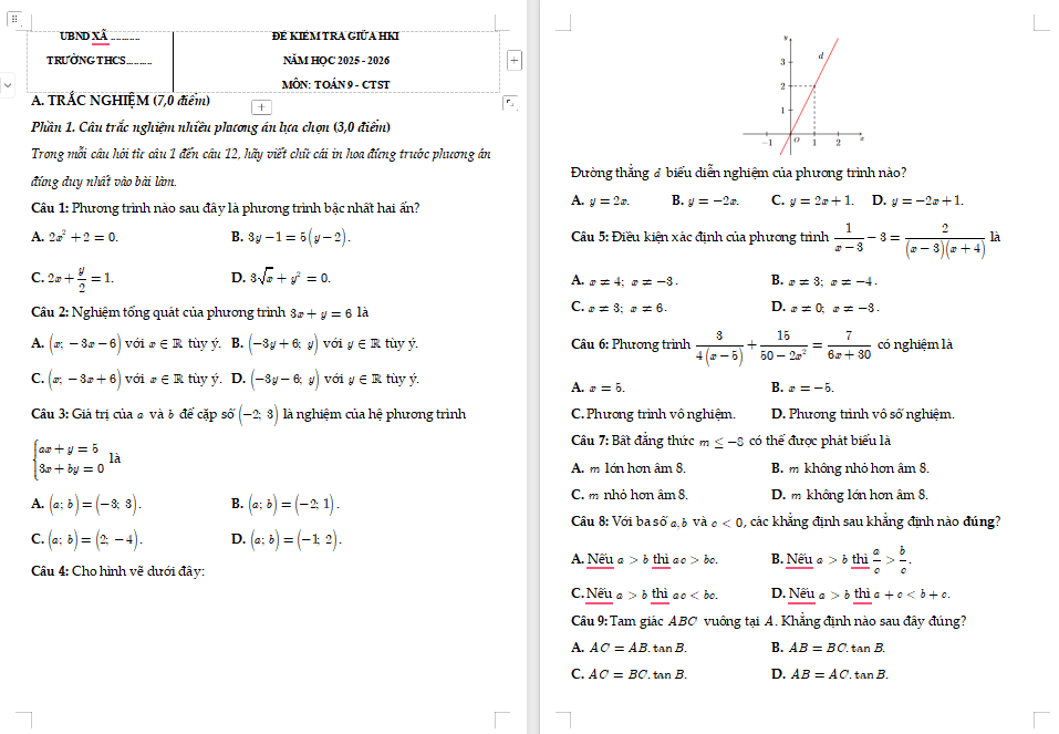 Đề thi giữa kì 1 Toán 9 Chân trời sáng tạo