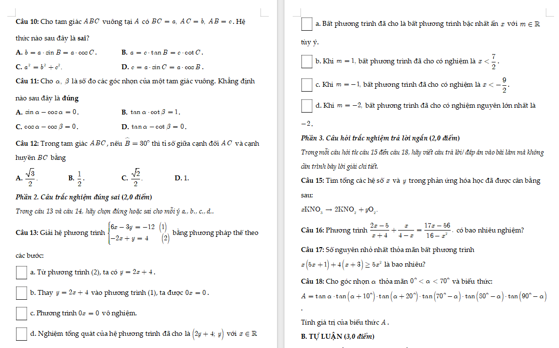 Đề thi giữa kì 1 Toán 9 Chân trời sáng tạo