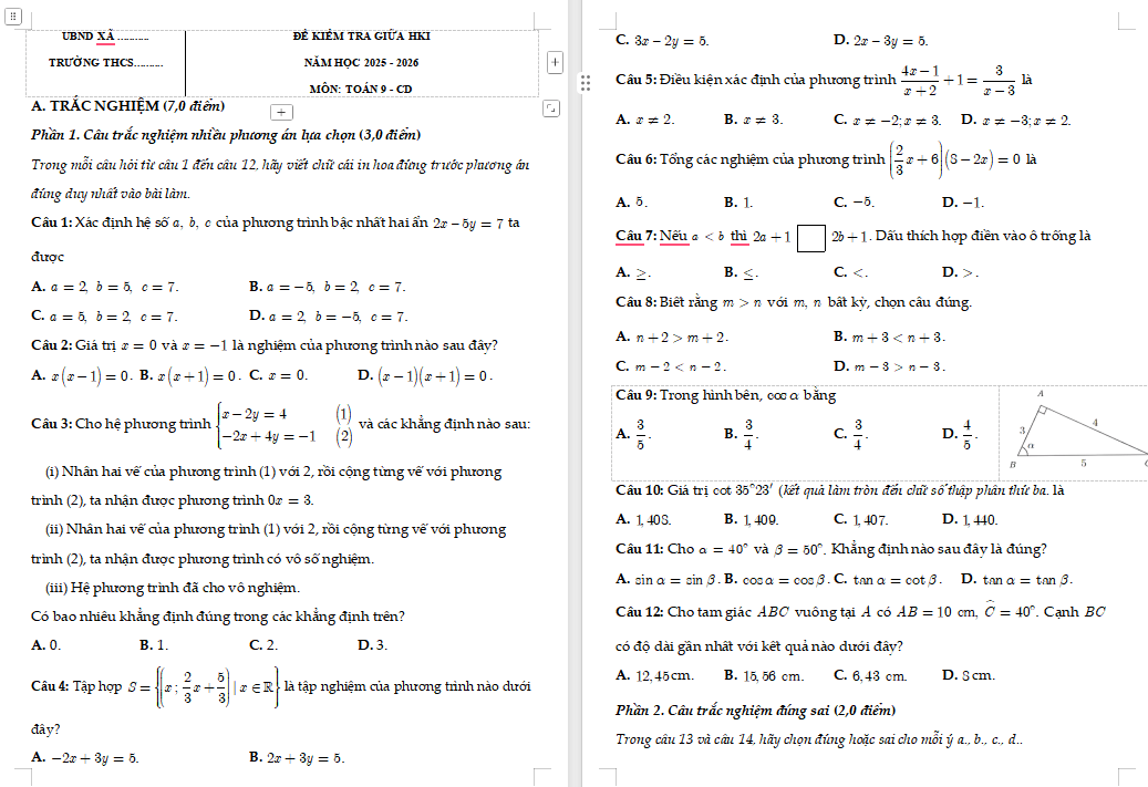  Đề thi giữa kì 1 Toán 9 Cánh diều
