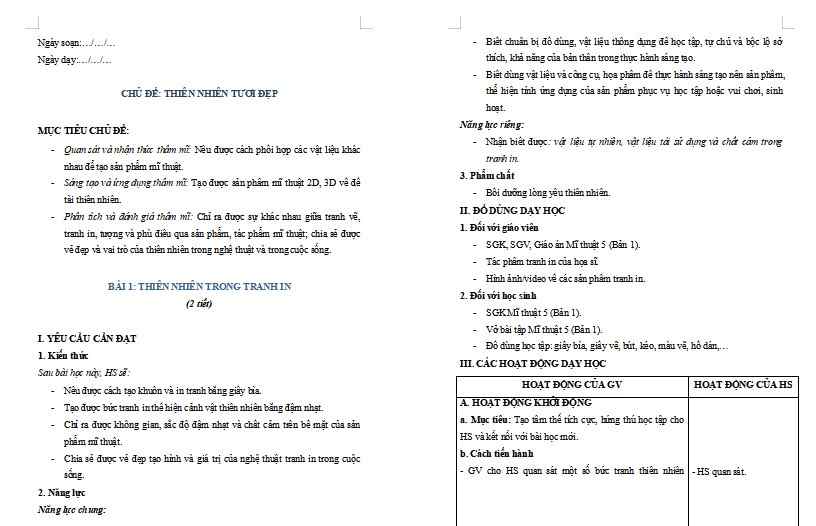 Giáo án PowerPoint Mĩ thuật 5 Chủ đề 2 Bài 1: Thiên nhiên trong tranh in