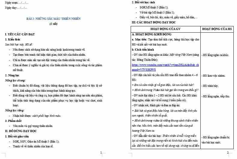 Giáo án PowerPoint Mĩ thuật 5 Chủ đề 2 Bài 2: Những sắc màu thiên nhiên