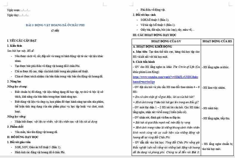 Mĩ thuật 5 Chủ đề 2 Bài 3: Động vật hoang dã ở châu Phi