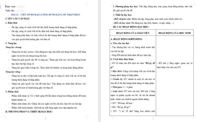Giáo án dạy thêm Toán 5 Bài 12: Viết số đo đại lượng dưới dạng số thập phân