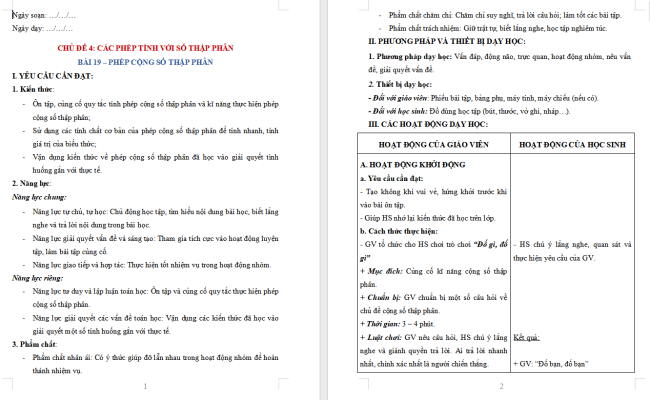 Giáo án dạy thêm Toán 5 Bài 19: Phép cộng số thập phân