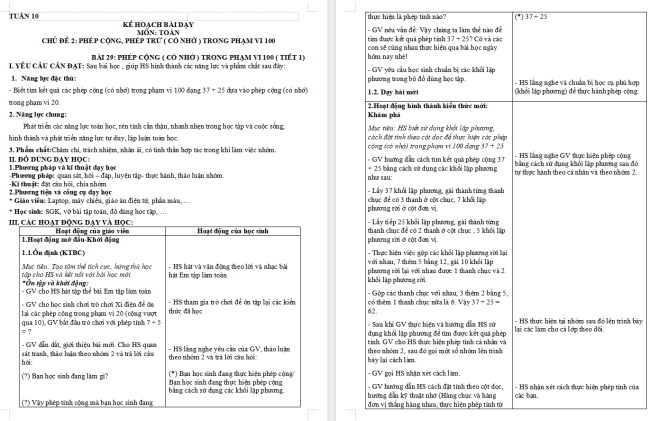 Giáo án Toán 2 Phép cộng (có nhớ) trong phạm vi 100