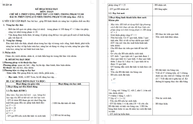 Giáo án Toán 2 Phép cộng (có nhớ) trong phạm vi 100 (tiếp theo)