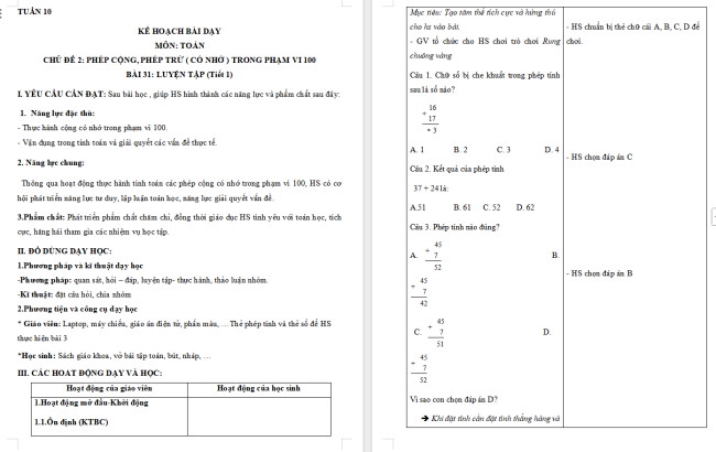 Giáo án Toán 2 Luyện tập trang 62