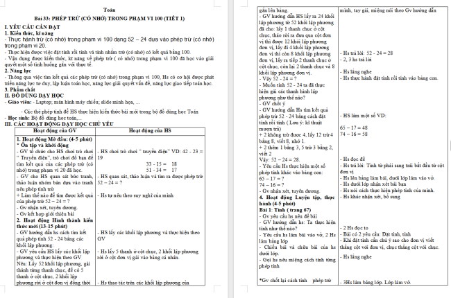 Giáo án Toán 2 Phép trừ (có nhớ) trong phạm vi 100