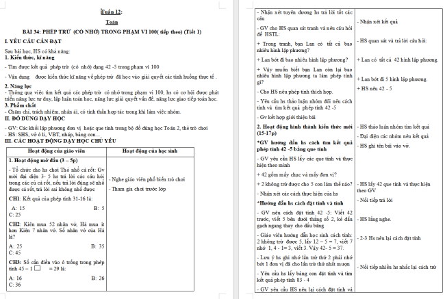 Giáo án Toán 2 Phép trừ (có nhớ) trong phạm vi 100 (tiếp theo)